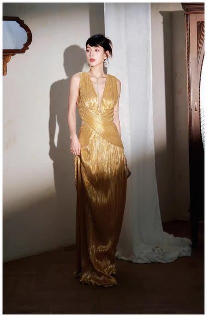 Gorgeous V Neck Gold Satin Pleated Long Evening Dress 19th Birthday Outfits D2438