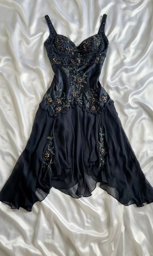 Gorgeous Black Chiffon Satin Beaded A Line Short Birthday Outfits Graduation Homecoming Dress  S782