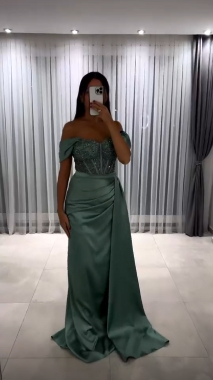 Elegant Green Satin Pleated Beaded Mermaid Long Party Dress Off The Shoulder Evening Dress D5056