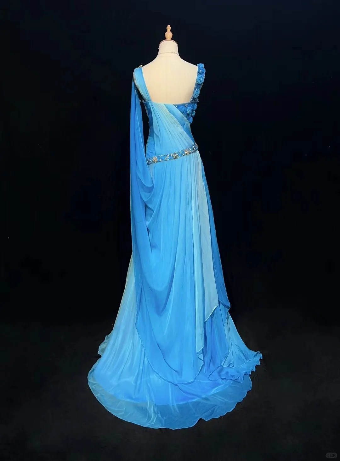 Elegant V Neck Ombre Blue Chiffon Beaded Mermaid Long Party Dress Evening Dress D2847