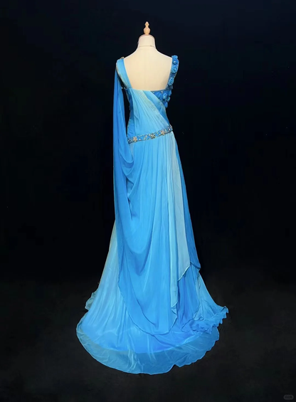 Elegant V Neck Ombre Blue Chiffon Beaded Mermaid Long Party Dress Evening Dress D2847