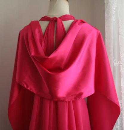 Glamorous Halter Hot Pink Satin Chiffon Mermaid Long Party Dress Formal Birthday Prom Gowns With Cape D2329