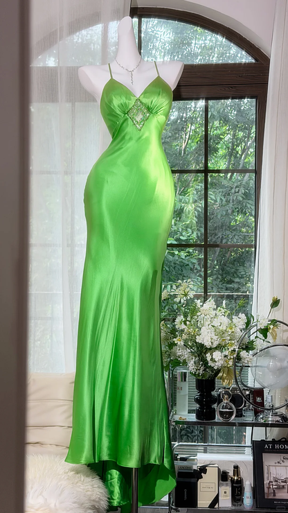Elegant Green Spaghetti Straps Satin Beaded Mermaid Long Party Dress Birthday Dress D2932