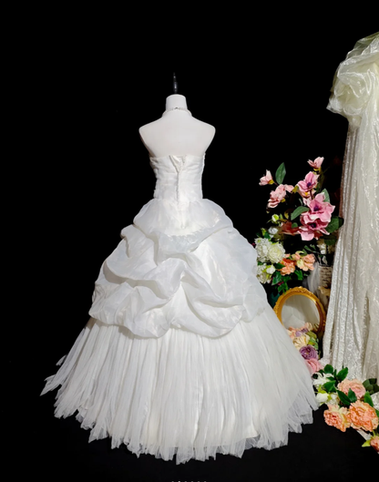 Pretty White Strapless Ball Gown Tulle Pleated Beaded Long Wedding Dress Bridal Dress D2368