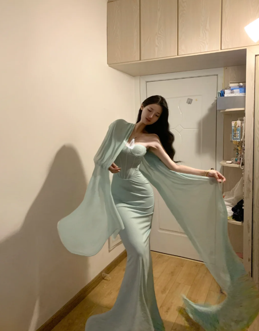 Classy Strapless Light Green Satin Mermaid Party Dress Long Evening Gown D839