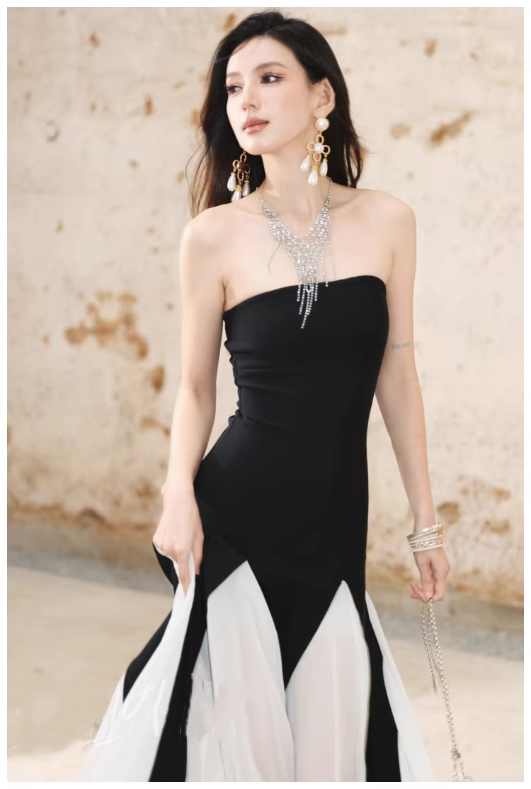 Pretty Strapless Satin Chiffon Mermaid Long Evening Dress Formal 17th Birthday Outfits D2444