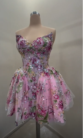 Gorgeous Pink Tulle Sequin Floral A Line Short Homecoming Dress,Formal 15th Birthday Outfits D3739