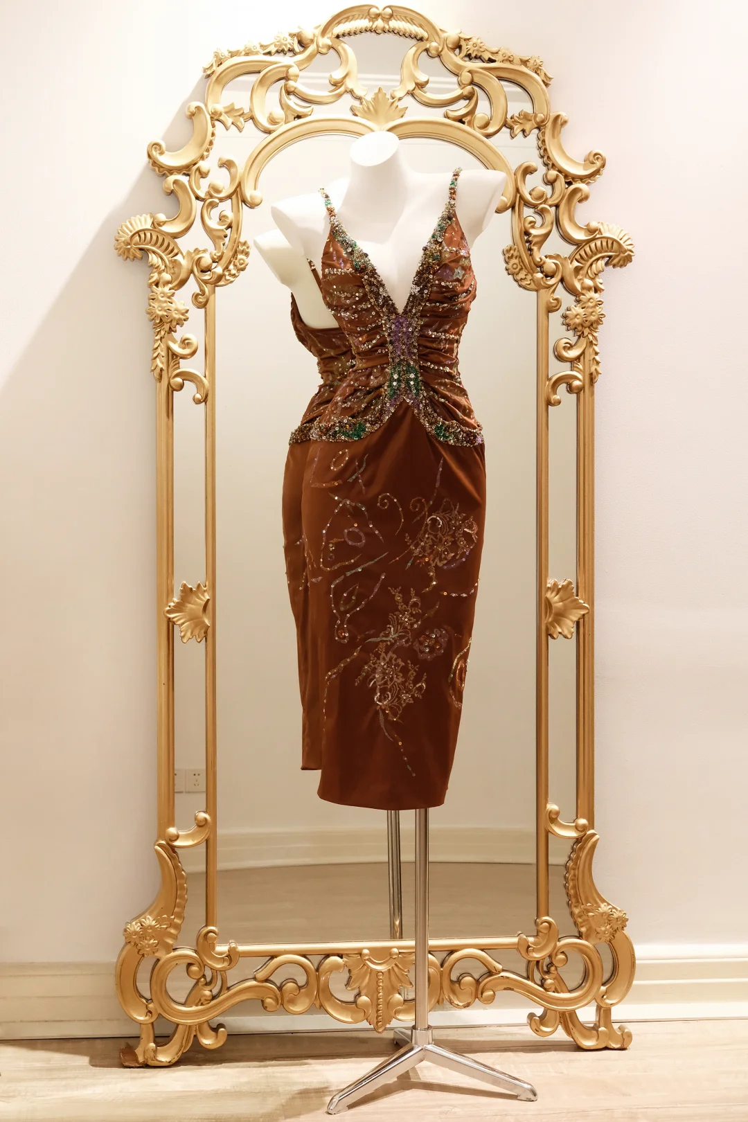 Gorgeous Spaghetti Straps Satin Sequin Beaded Midi Party Gown,Vintage Prom Dress D2730