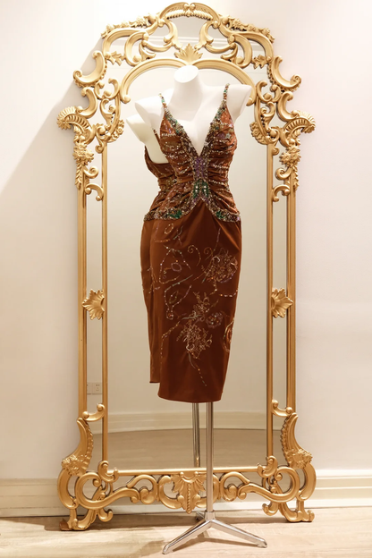 Gorgeous Spaghetti Straps Satin Sequin Beaded Midi Party Gown,Vintage Prom Dress D2730