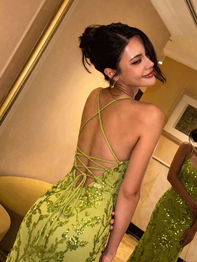 Elegant Spaghetti Straps Green Tulle Sequin Floral Mermaid Long Evening Dress Birthday Party Dress D4724
