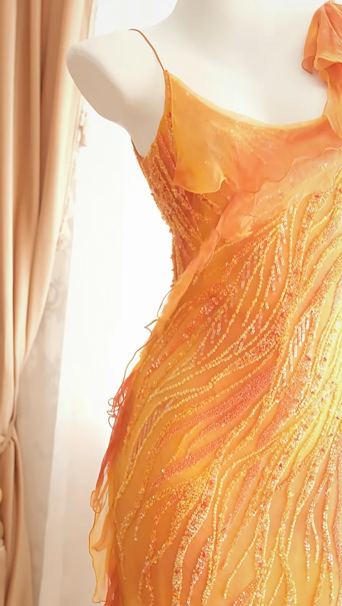 Glamorous Spaghetti Straps Orange Chiffon Ruffle Beaded Mermaid Long Prom Dress Party Gown D2895