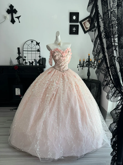 Cute Pink Off The Shoulder Tulle Sequin Floral Beaded Quinceanera Dress Sweet 15 16 Dress With Appliques D4718
