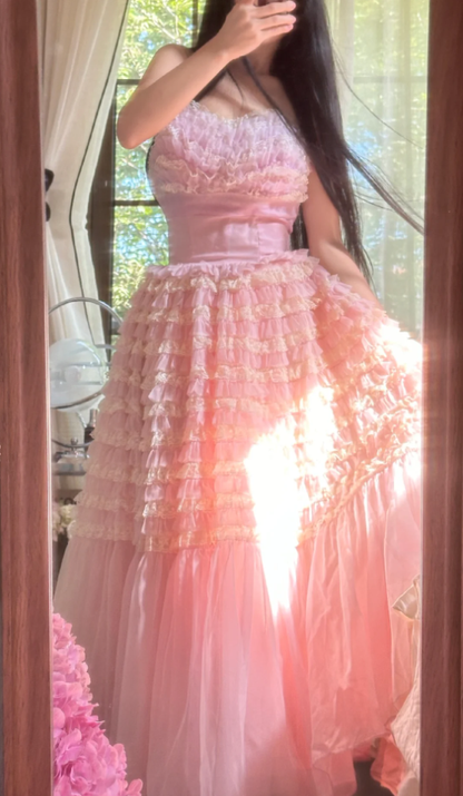 Sweet Strapless Pink Tulle Pleated A Line Long Party Dress Princess Birthday Prom Gowns D2309