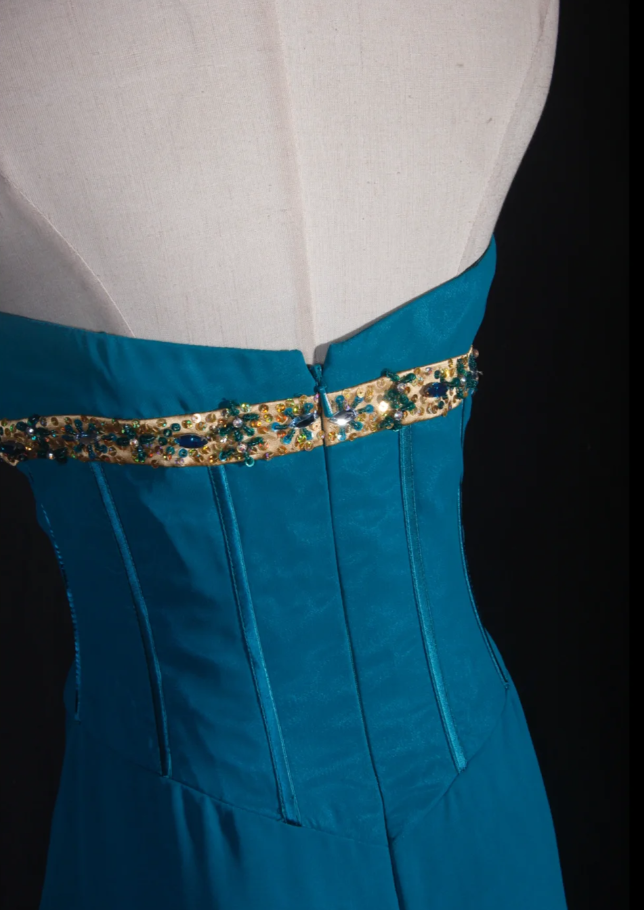 Elegant Blue-green Strapless Chiffon Layered Mermaid Long Evening Dress Formal Wedding Guest Dress With Beads D2258