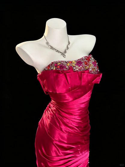 Elegant Rose Red Strapless Satin Beaded Mermaid Long Prom Dress Evening Dress D5225