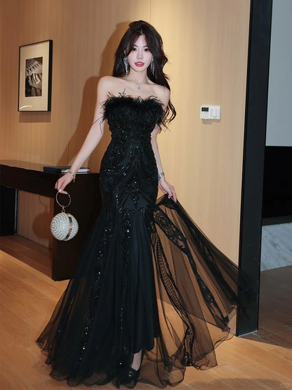 Gorgeous Feathers Strapless Black Tulle Sequin Mermaid Long Evening Dress Party Gown D2497