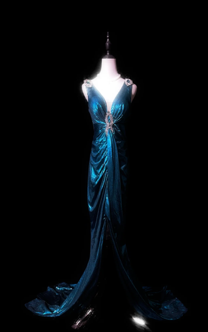 Charming V Neck Blue Satin Beaded Mermaid Evening Dress Long Party Dress D983