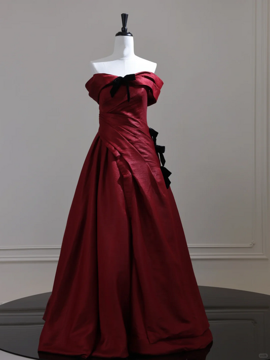 Vintage Burgundy Off The Shoulder Satin Pleated Long Party Dress Evening Dress D3127