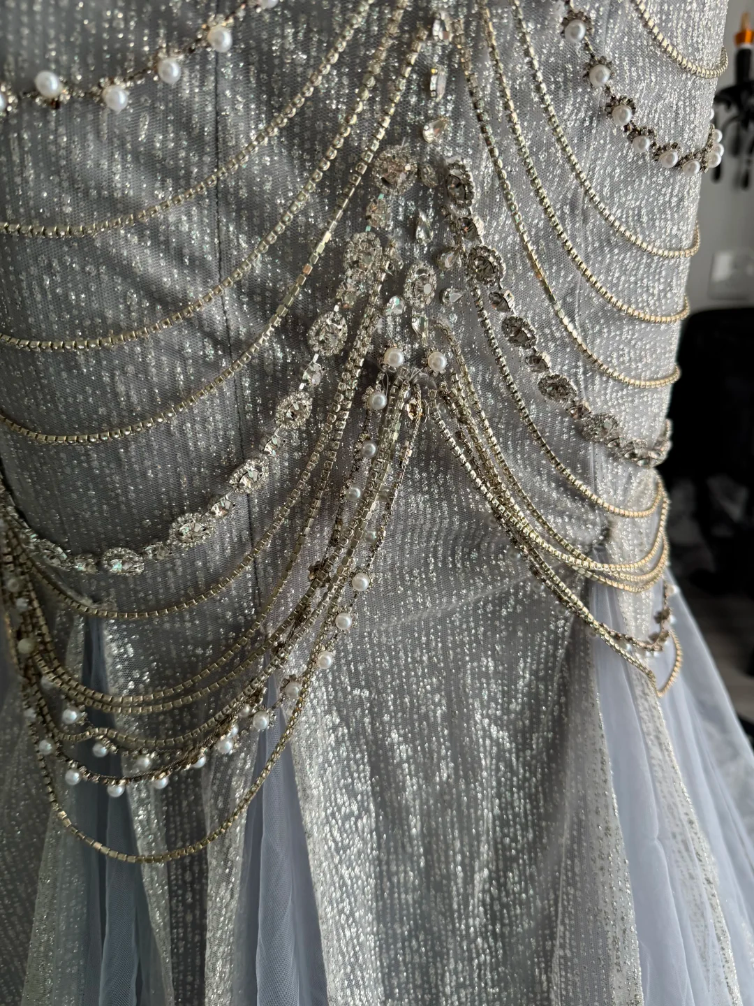 Charming Haze Blue Strapless Tulle Sequin Beaded Mermaid Long Prom Dress Evening Gown D4720