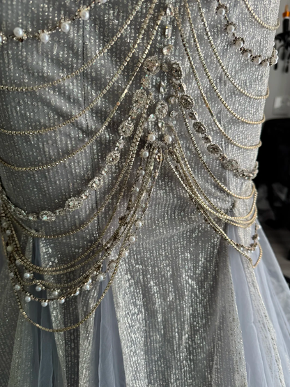 Charming Haze Blue Strapless Tulle Sequin Beaded Mermaid Long Prom Dress Evening Gown D4720