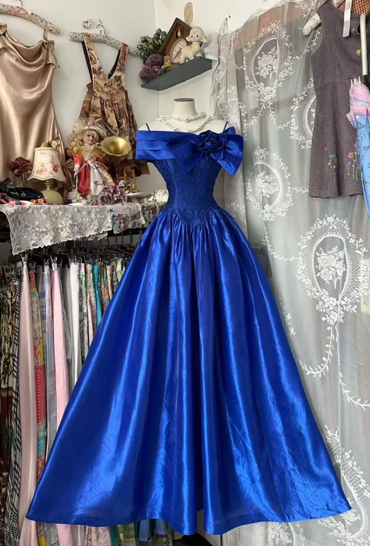 Vintage Royal Blue Spaghetti Straps Off The Shoulder Satin A Line Long Party Dress Evening Dress D1126