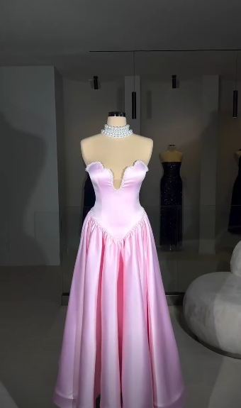 Pretty Sweetheart Neck Pink Satin Beaded A Line Long Party Dress Birthday Prom Dress D3738
