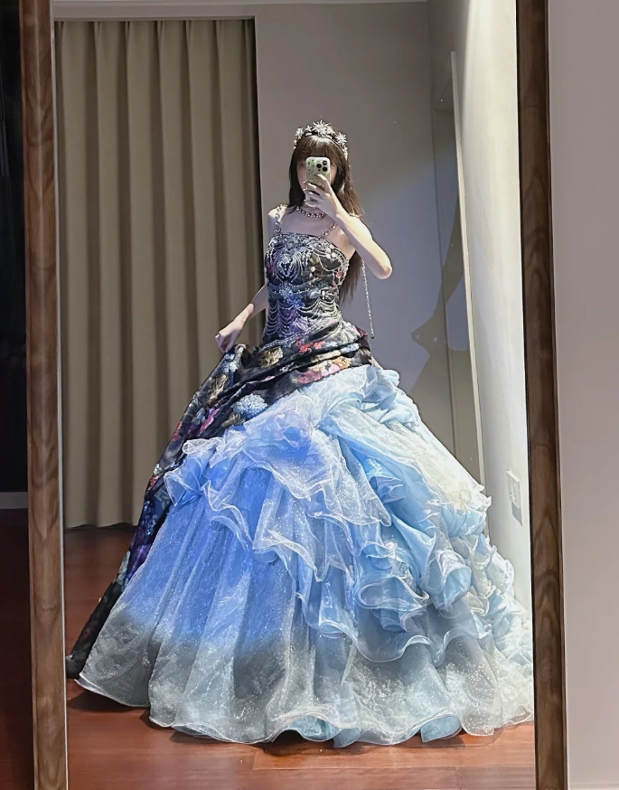 Unique Strapless Satin Print Floral Tulle Sequin Sweet 16 Dress Formal Quinceanera Dress D1699