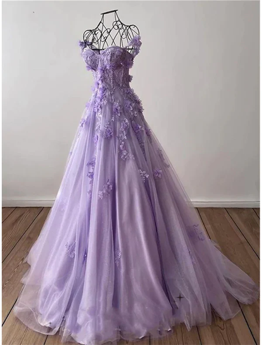 Retro Lavender Off Shoulder Tulle Floral Party Dress Tulle Prom Dress Evening Dress SD1747