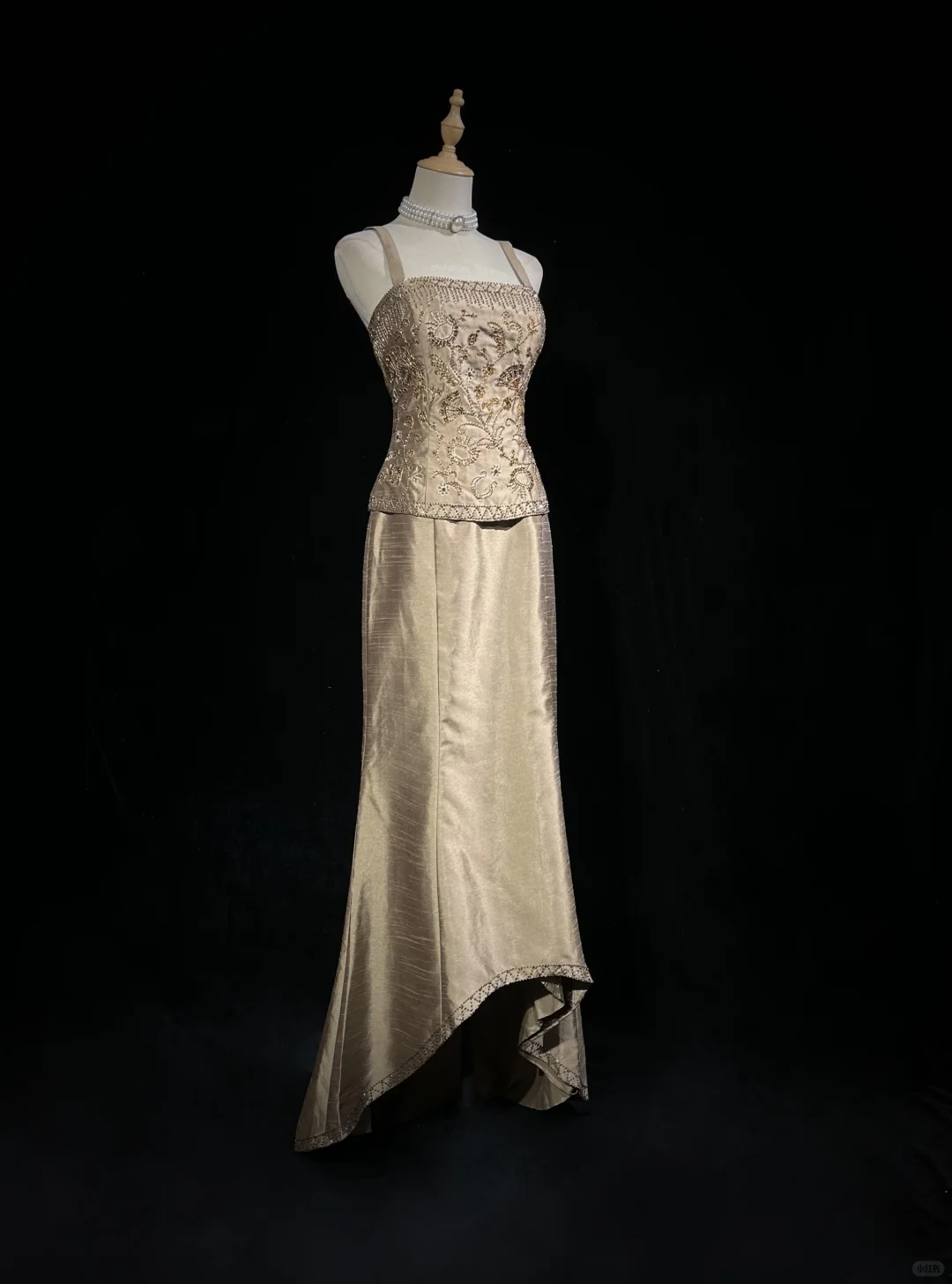 Vintage Spaghetti Straps Satin Beaded Mermaid Long Party Dress Birthday Prom Dress D2839