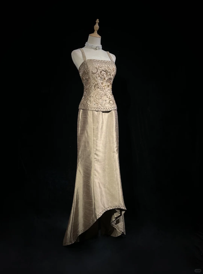 Vintage Spaghetti Straps Satin Beaded Mermaid Long Party Dress Birthday Prom Dress D2839