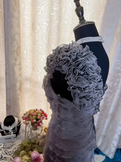 Vintage One Shoulder Gray Chiffon Sheath Cocktail Dress Formal Graduation Homecoming Dress D454