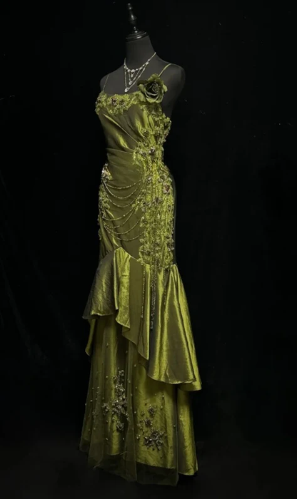 Vintage Spaghetti Strap Olive Green Satin Beaded Mermaid Long Prom Dresses Formal Prom Gown D880