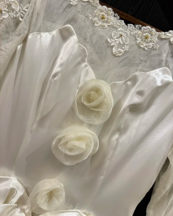 Charming Beaded Bow Satin Ball Gown White Long Wedding Dress D2033