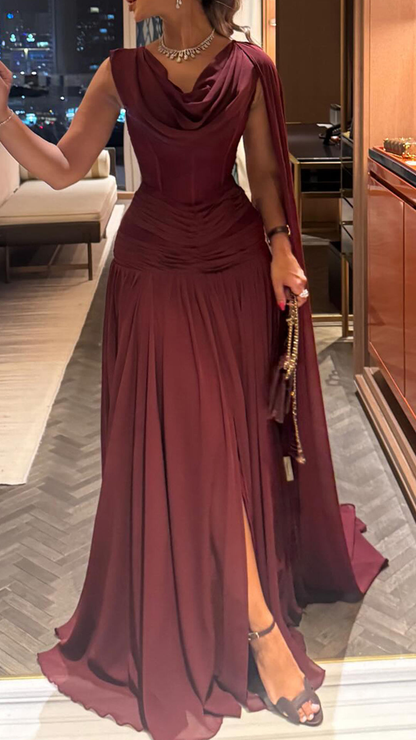 Classy Burgundy Chiffon Slit Mermaid Long Wedding Guest Dress Birthday Evening Dress D1949