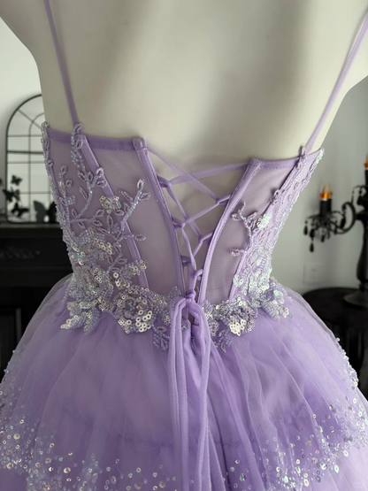 Pretty Lavender Tulle Sequin Layered Short Homecoming Dress Birthday Outfits D4701