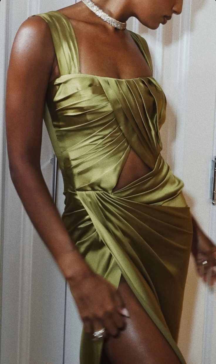 Stylish Spaghetti Straps Satin Pleated Long Wedding Guest Dress Olive Green Long Party Dress D4747