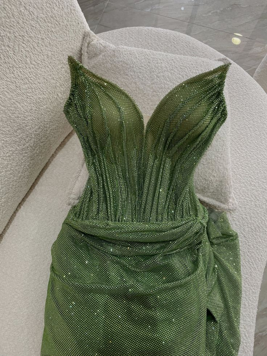 Shiny Olive Green Sequin Pleated Mermaid Long Party Dress Evening Dress D3562