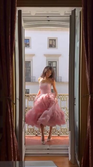 Glamorous Pink Tulle 3D Floral A Line Long Party Dress Strapless Long Evening Dress D4294