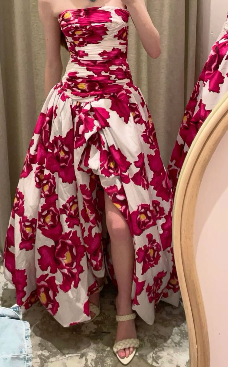Charming Pink Strapless Satin Pleated Printed Floral Long Prom Dress Birthday Evening Dress D4783