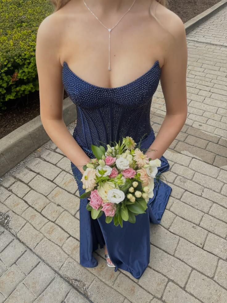 Stylish Navy Blue Strapless Satin Beaded Mermaid Slit Long Evening Dress Prom Gown D3447