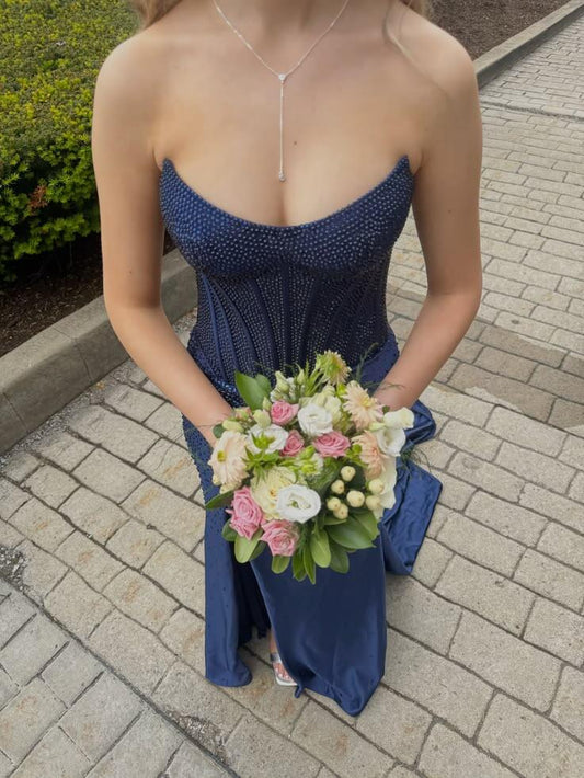 Stylish Navy Blue Strapless Satin Beaded Mermaid Slit Long Evening Dress Prom Gown D3447