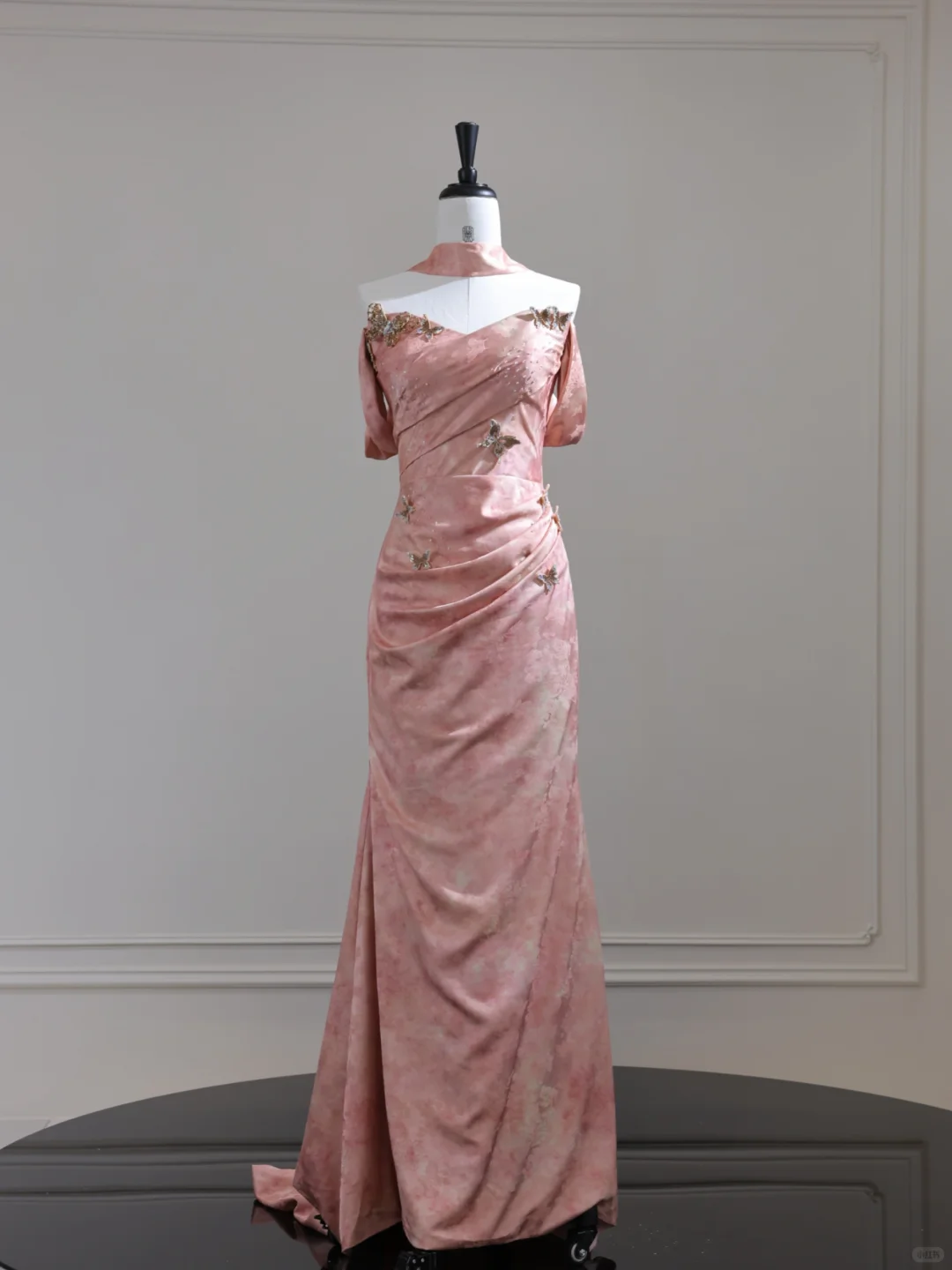 Elegant Off The Shoulder Satin Print Floral Mermaid Evening Dress,Pink Long Party Dress D3131