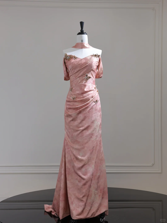 Elegant Off The Shoulder Satin Print Floral Mermaid Evening Dress,Pink Long Party Dress D3131