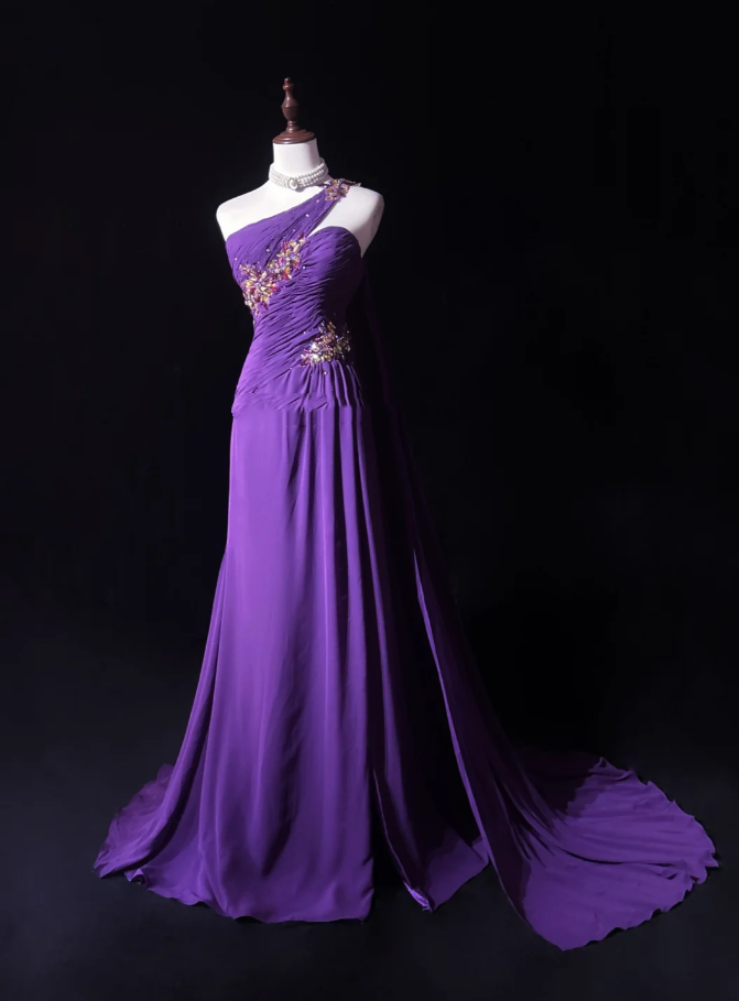 Classy One Shoulder Chiffon Pleated Beaded Mermaid Long Evening Dress Party Gown,Purple Formal Wedding Guest Dress D2060