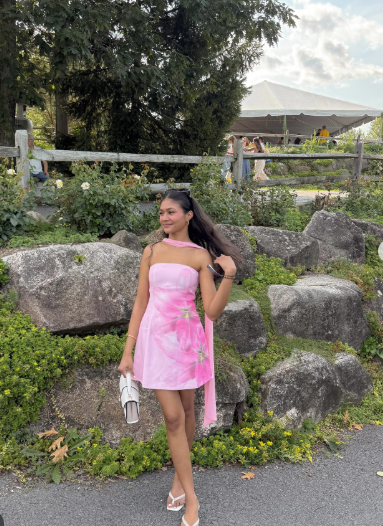 Classy Pink Strapless Satin Printed Floral Short Party Dress Formal Birthday Dress Homecoming Dress With Ribbon D744