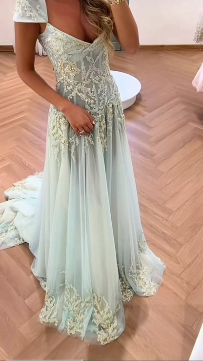 Glamorous Beaded Tulle Sequin Mermaid Long Prom Dress Ice Blue Long Party Dress D4623