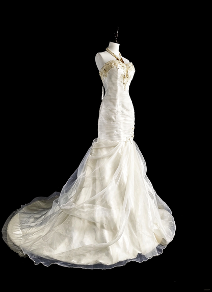 Elegant Strapless White Satin Pleated Tulle Appliques Mermaid Long Wedding Dress D5381