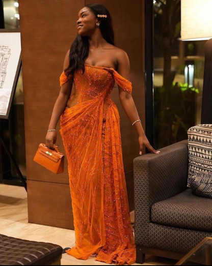 Pretty Off The Shoulder Orange Tulle Beaded Mermaid Evening Dress Long Wedding Guest Dress D2975