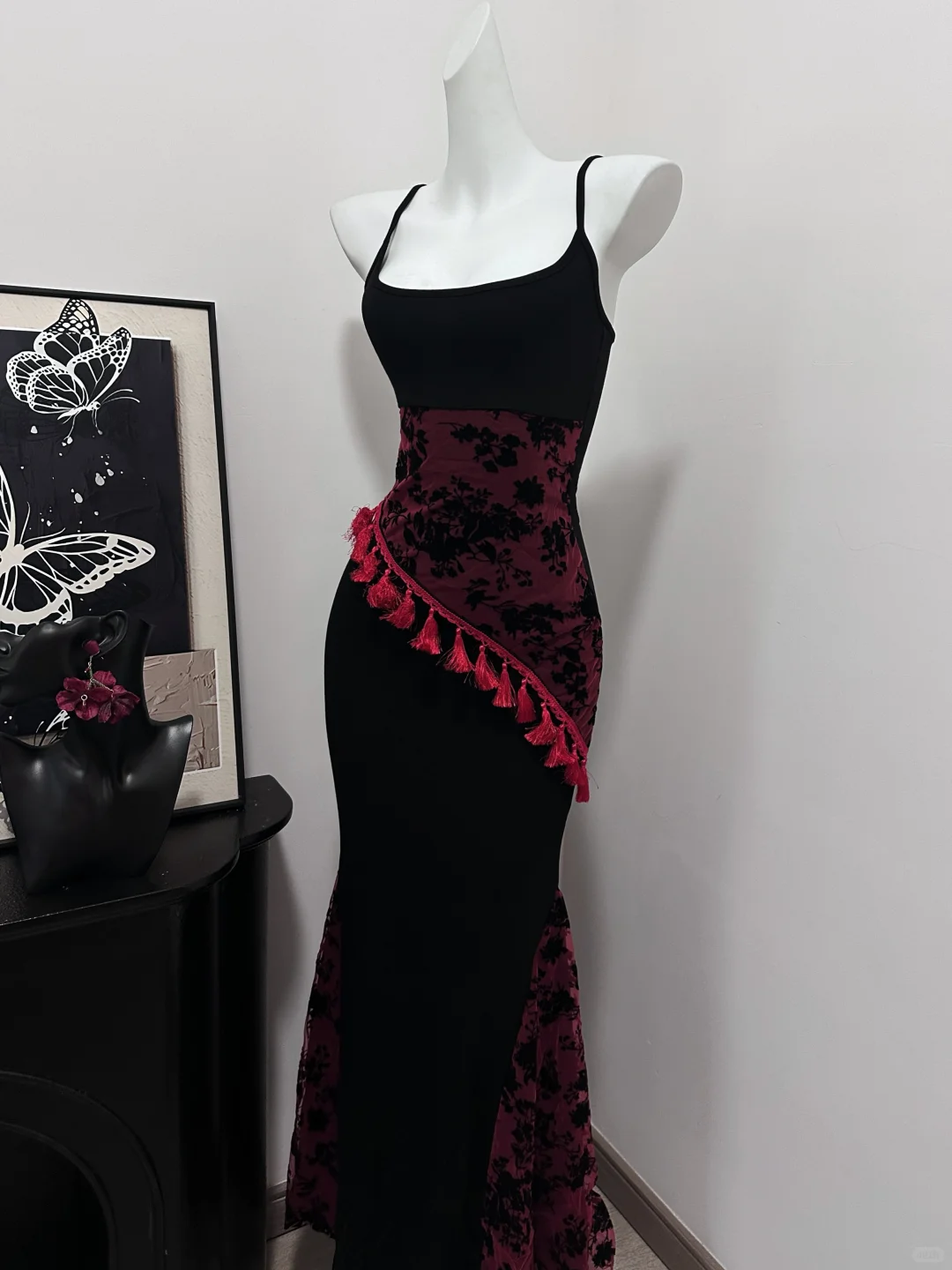 Classy Spaghetti Strap Black Burgundy Sheath Mermaid Birthday Party Dress Evening Gown S630
