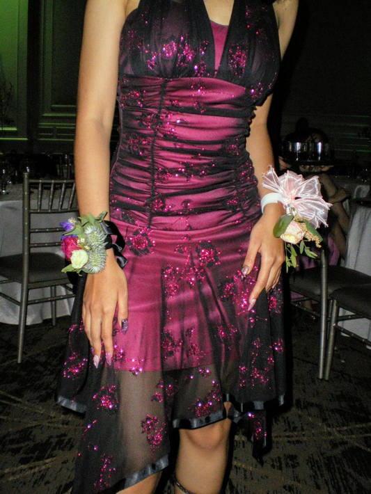 Sparkly Halter Hot Pink Satin tulle Sequin Short Prom Dress Formal Graduation Homecoming Dress D721